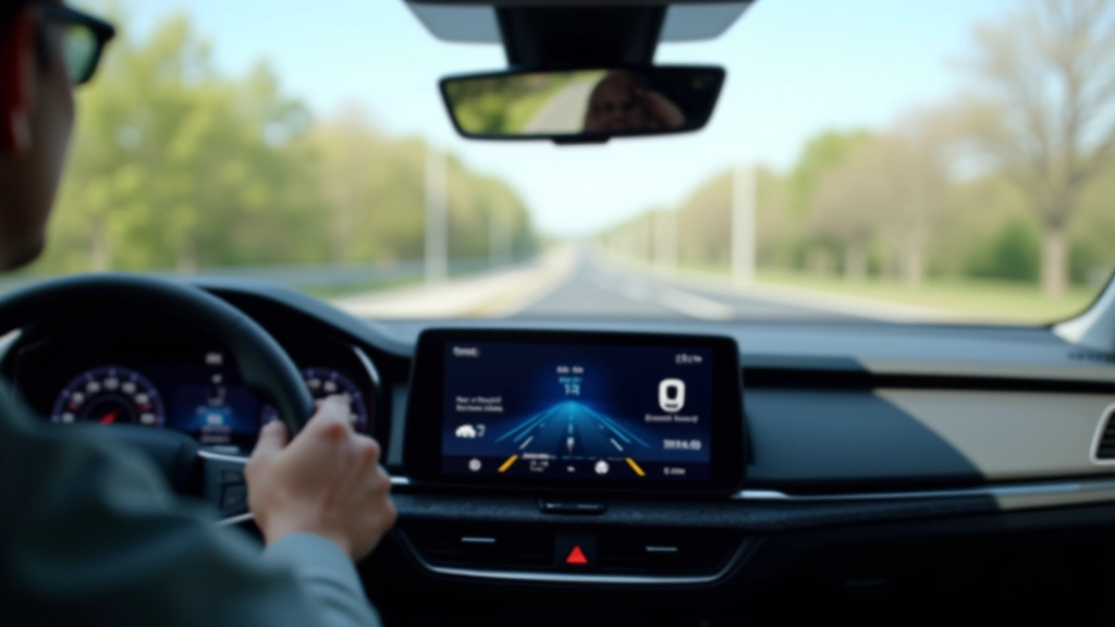 Automobilio prietaisų skydelis su adaptyviojo tempomato indikatoriumi, kuriame rodomas atstumas iki priekinės mašinos