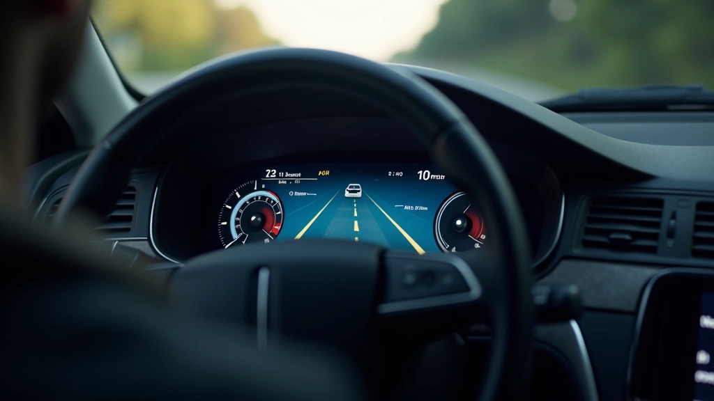 Automobilio radaro sistema schematiškai parodytas priekinės stiklo projekcija su atstumo indikatoriais