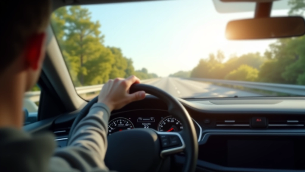 Šoninis automobilio vaizdas su įjungtu adaptyviuoju tempomatu važiuojant šviesiame greitkelyje su aiškiu dangumi