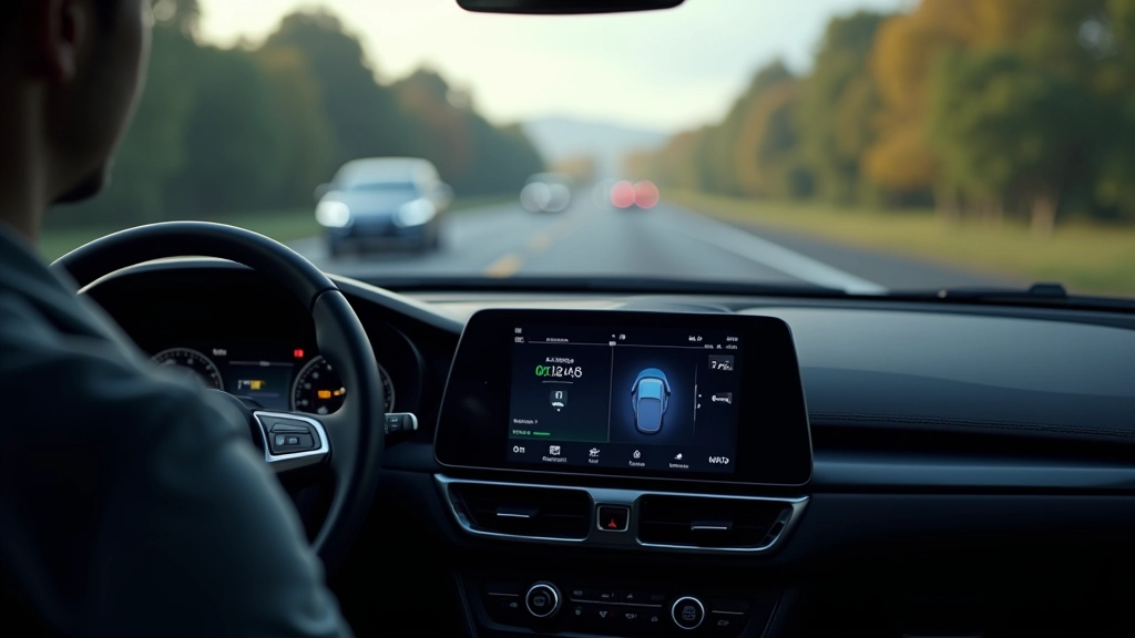 Automobilio priekinio stiklo vaizde rodomos radaro detektavimo linijos ir atstumų nuostatos su skaitinėmis reikšmėmis