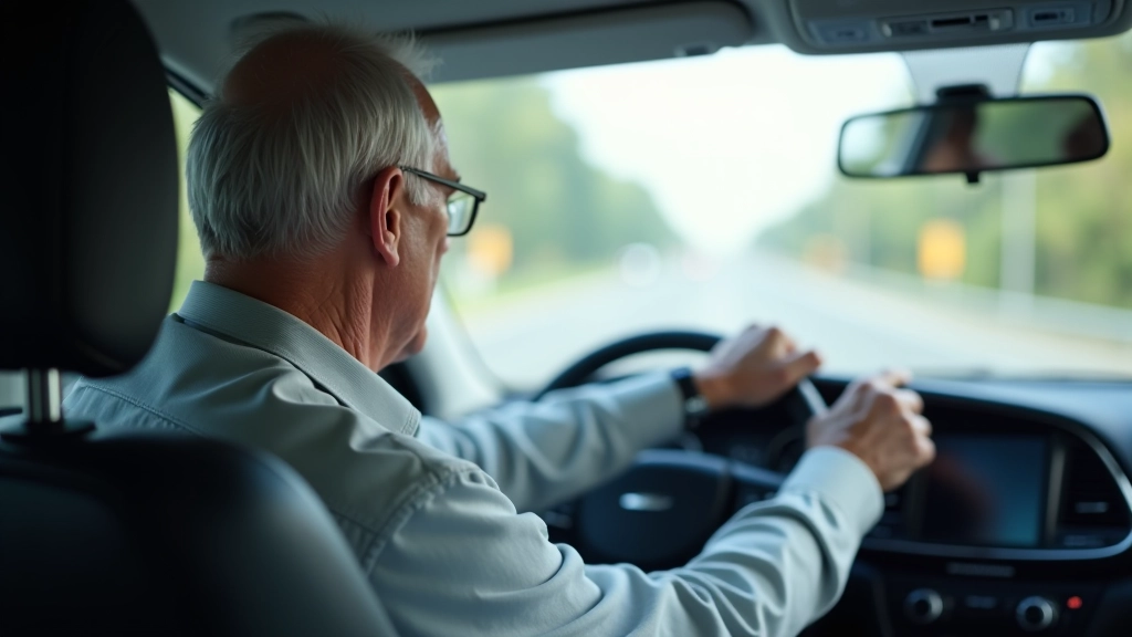 Vyresnis vairuotojas sėdi automobilyje, rankomis ant vairo, žiūri į greitkelį