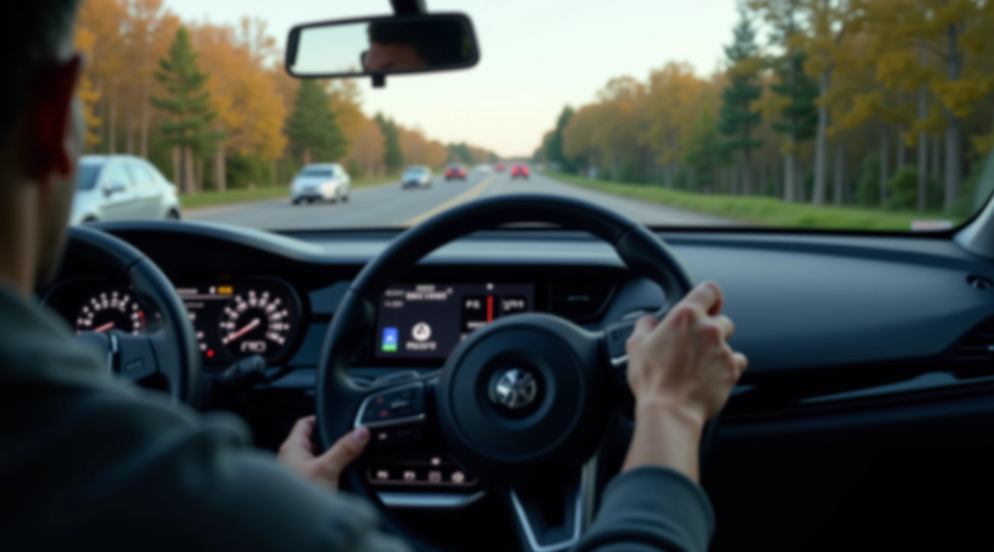 Šiuolaikinis automobilio prietaisų skydelis su adaptyviosios greičio kontrolės ekranu