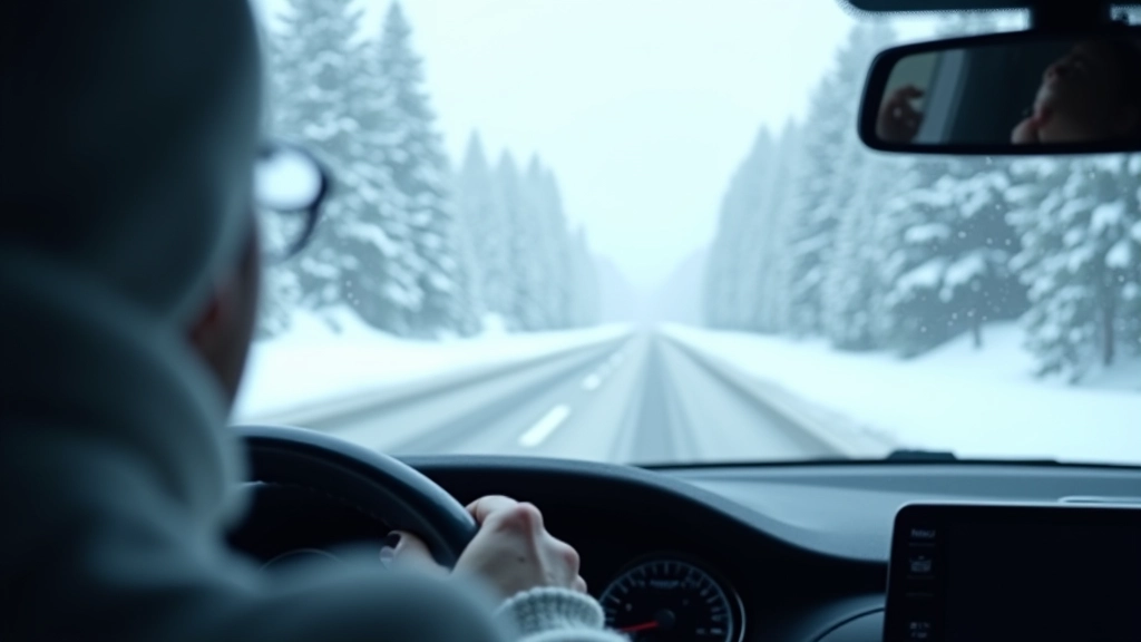 Žieminis vaizdas iš automobilio, sninga, kelias slapias ir matyti blogai, perspėjimas apie sąlygas
